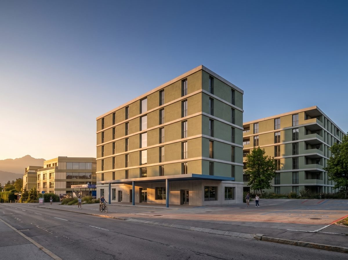 The same building and street at golden hour, warm low light on the facade
