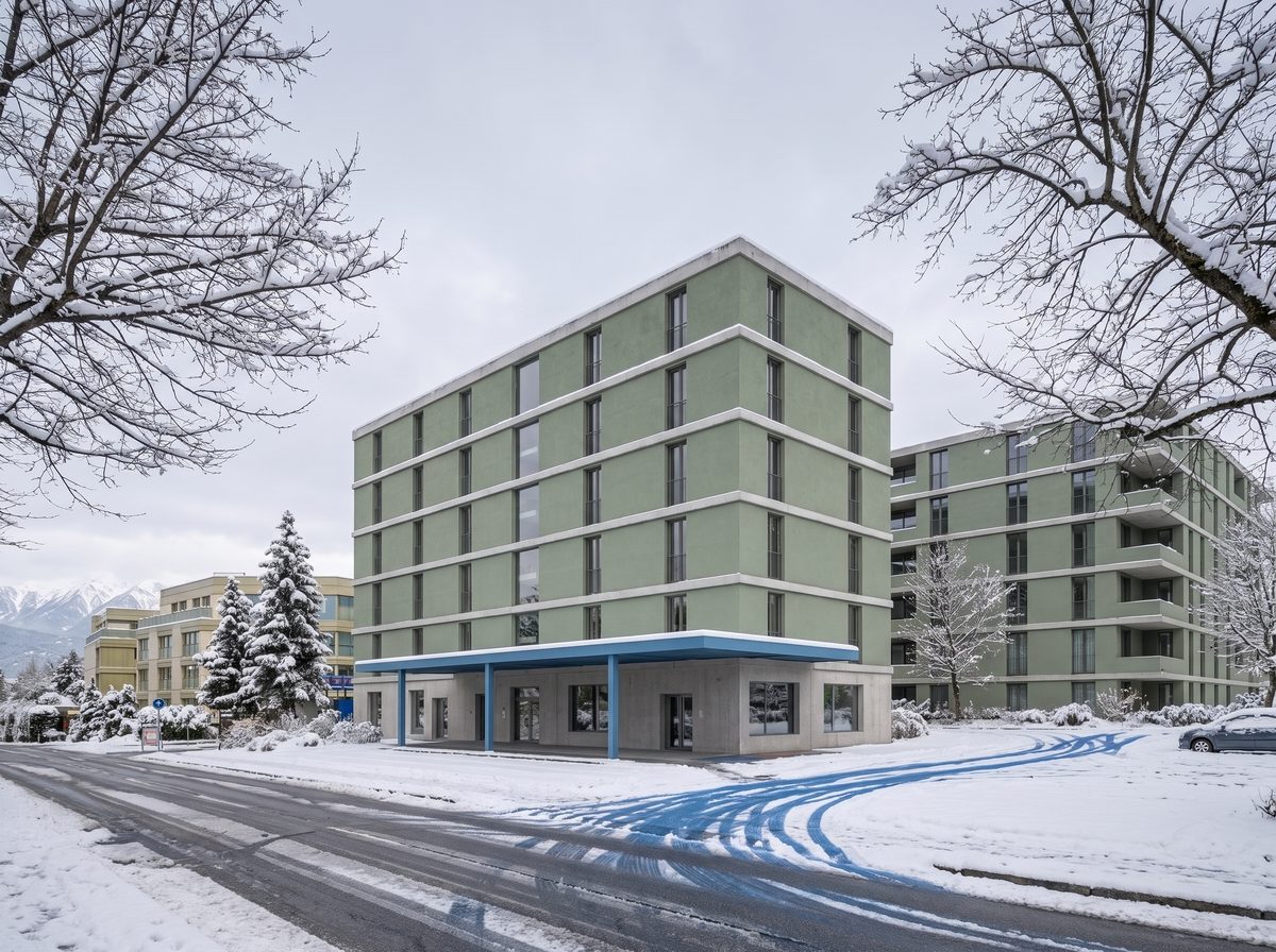 The same building and street in winter, snow on the ground and bare trees