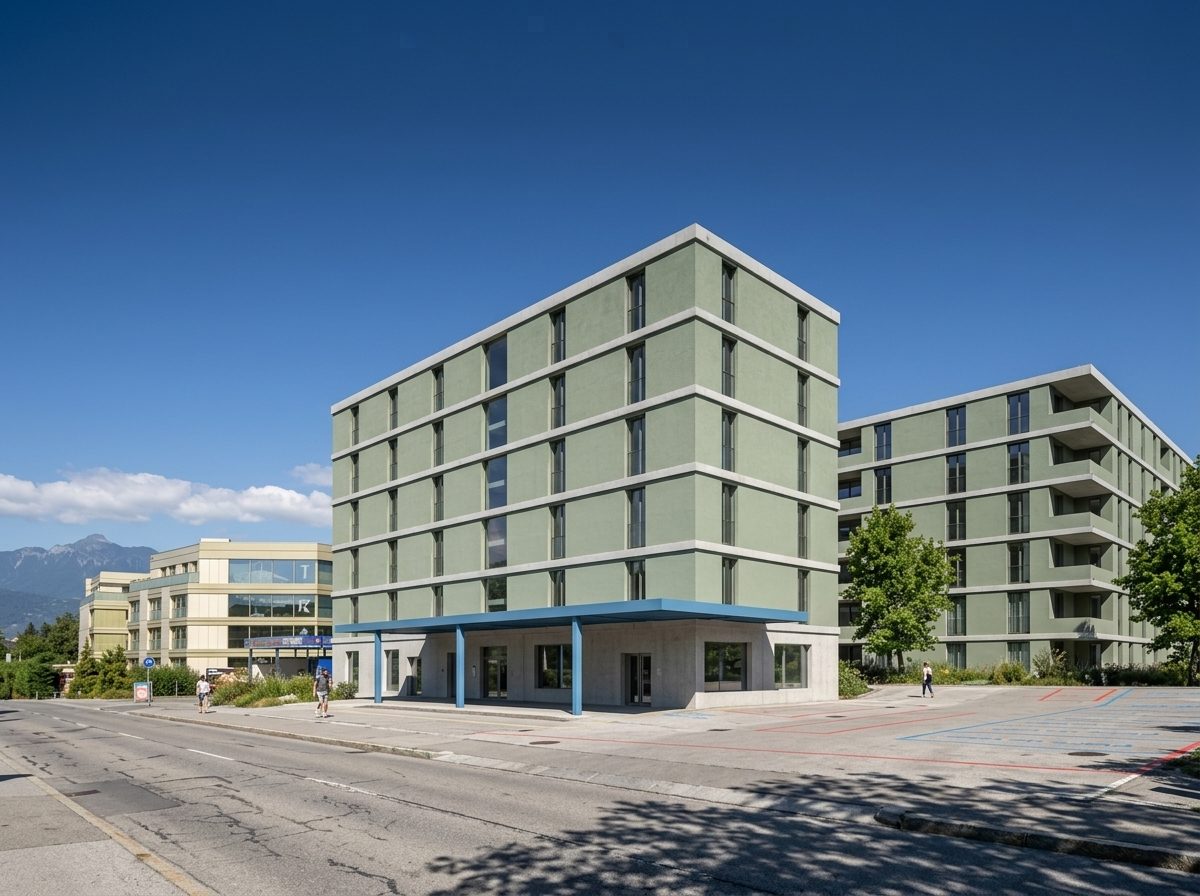 A mid-rise apartment building at a street corner in daylight, under a clear blue sky