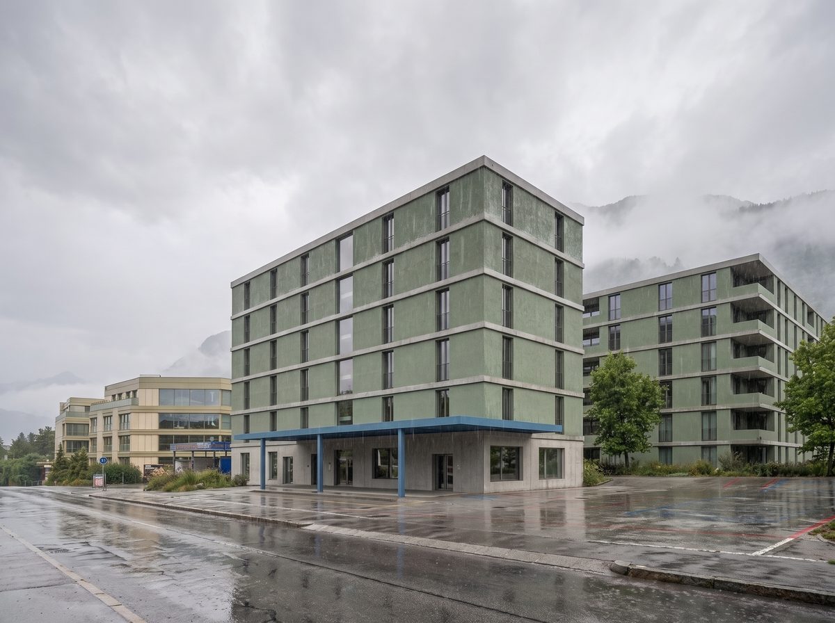 The same building and street on a rainy day, wet road under a cloudy sky