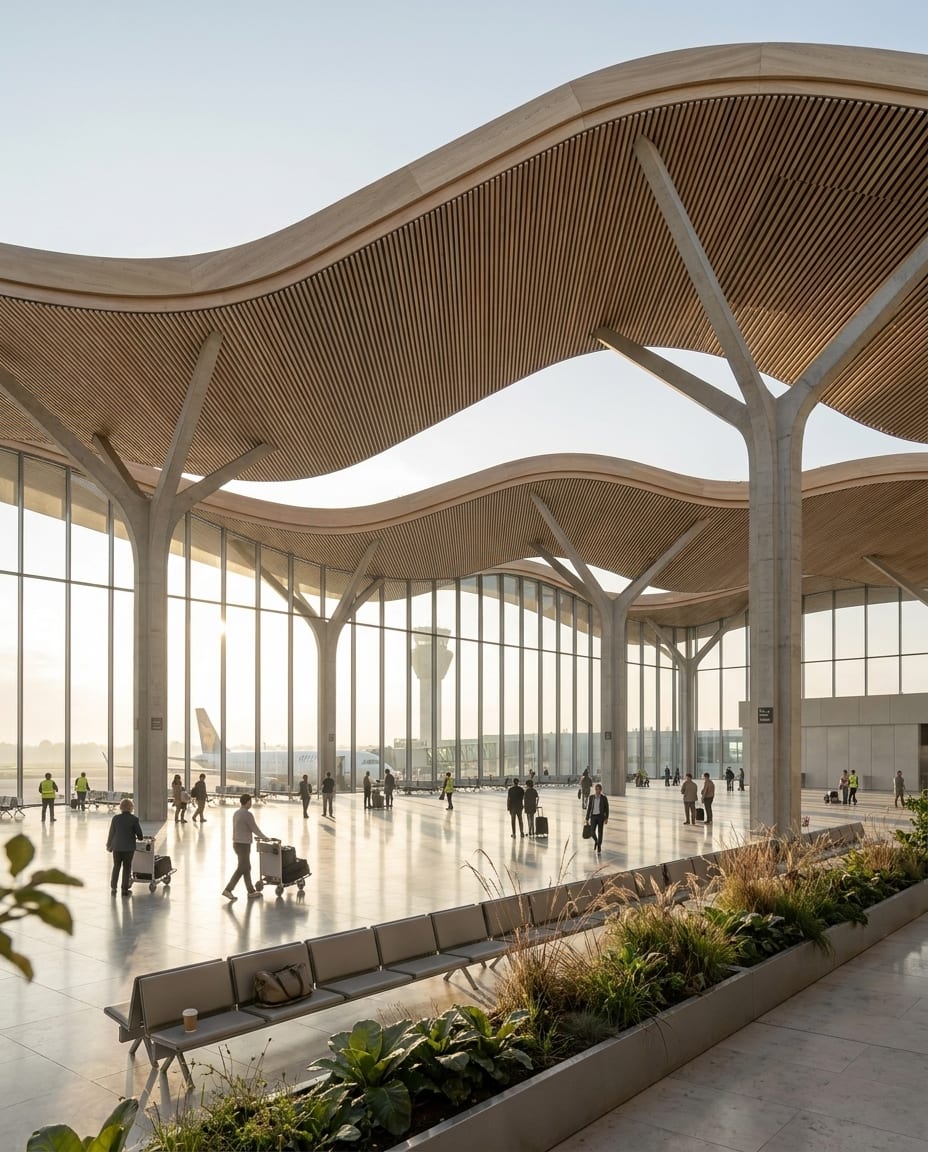 Sample 3D view of an airport with a free-form roof (white model), and the same view rendered with arkia Photoreal — after