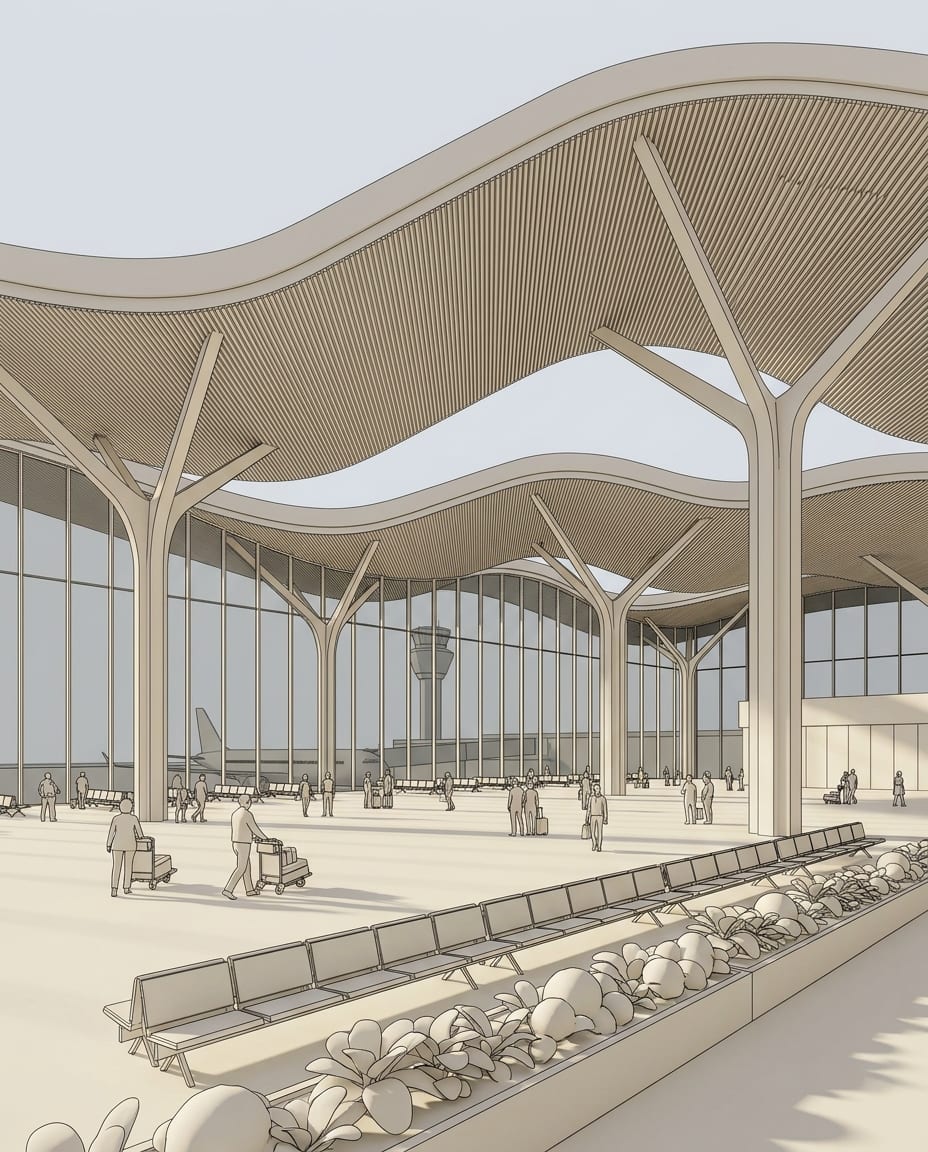 Sample 3D view of an airport with a free-form roof (white model), and the same view rendered with arkia Photoreal — before