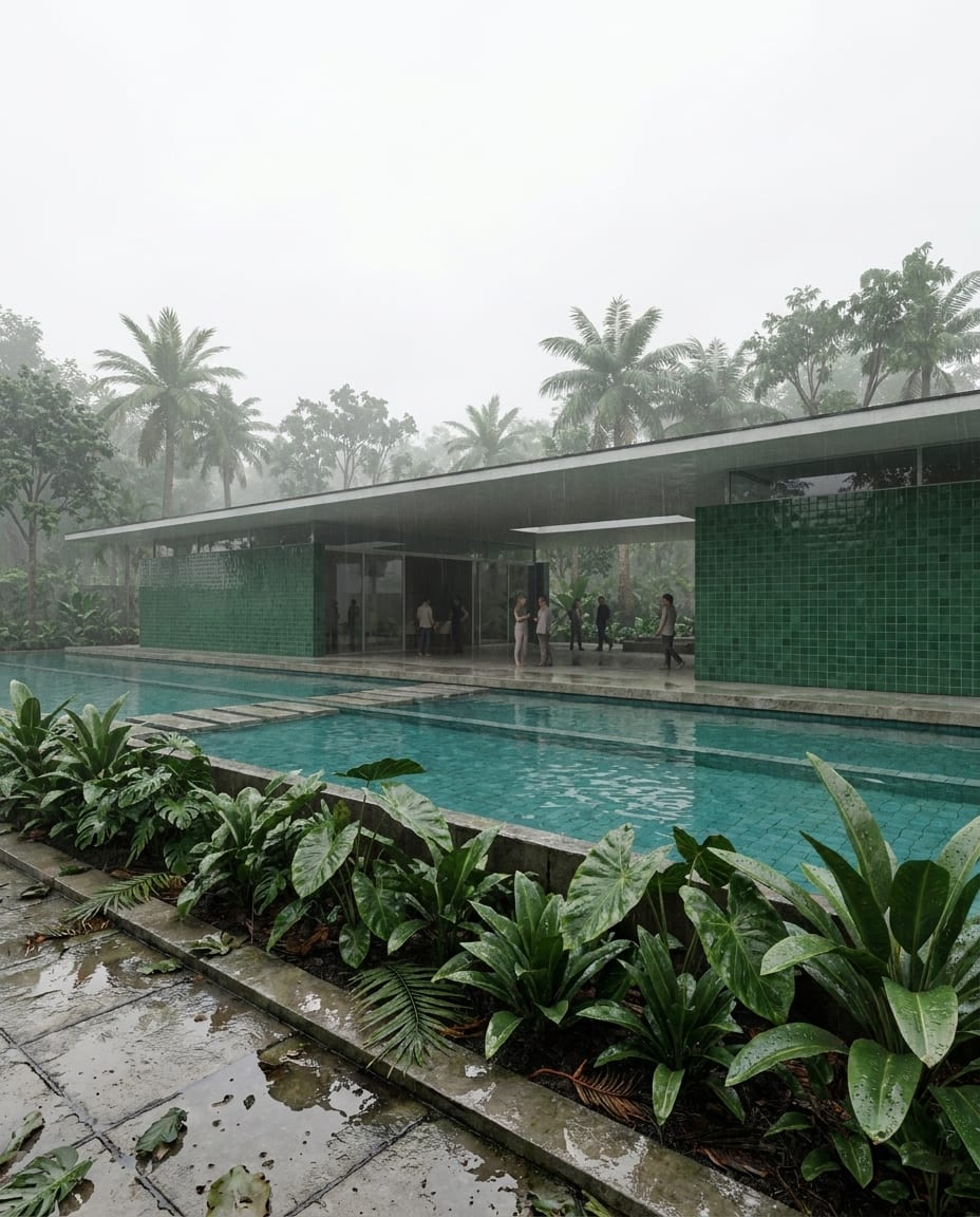 Sample 3D view of a cultural centre with a pool (white model), and the same view rendered with arkia Photoreal — after