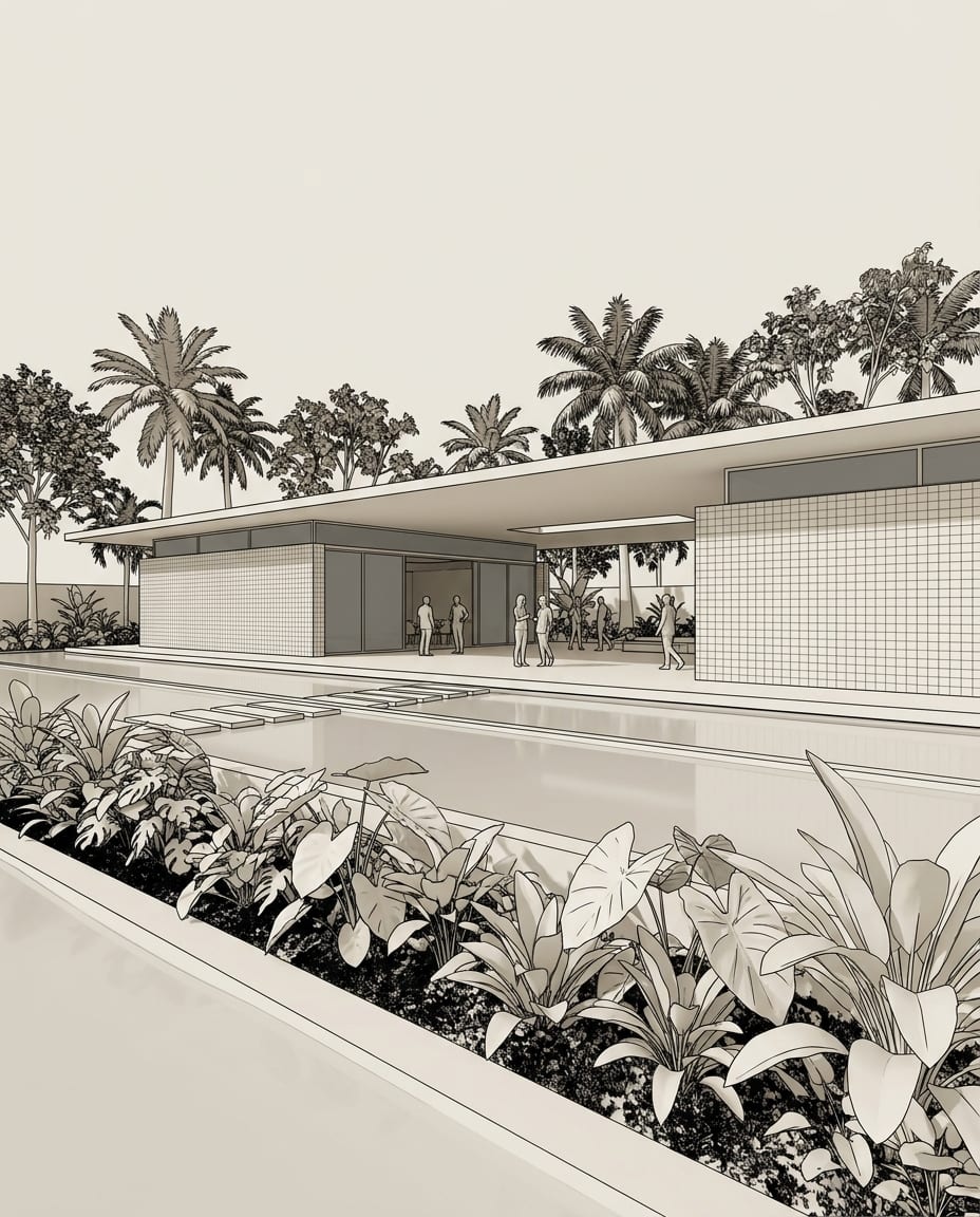 Sample 3D view of a cultural centre with a pool (white model), and the same view rendered with arkia Photoreal — before