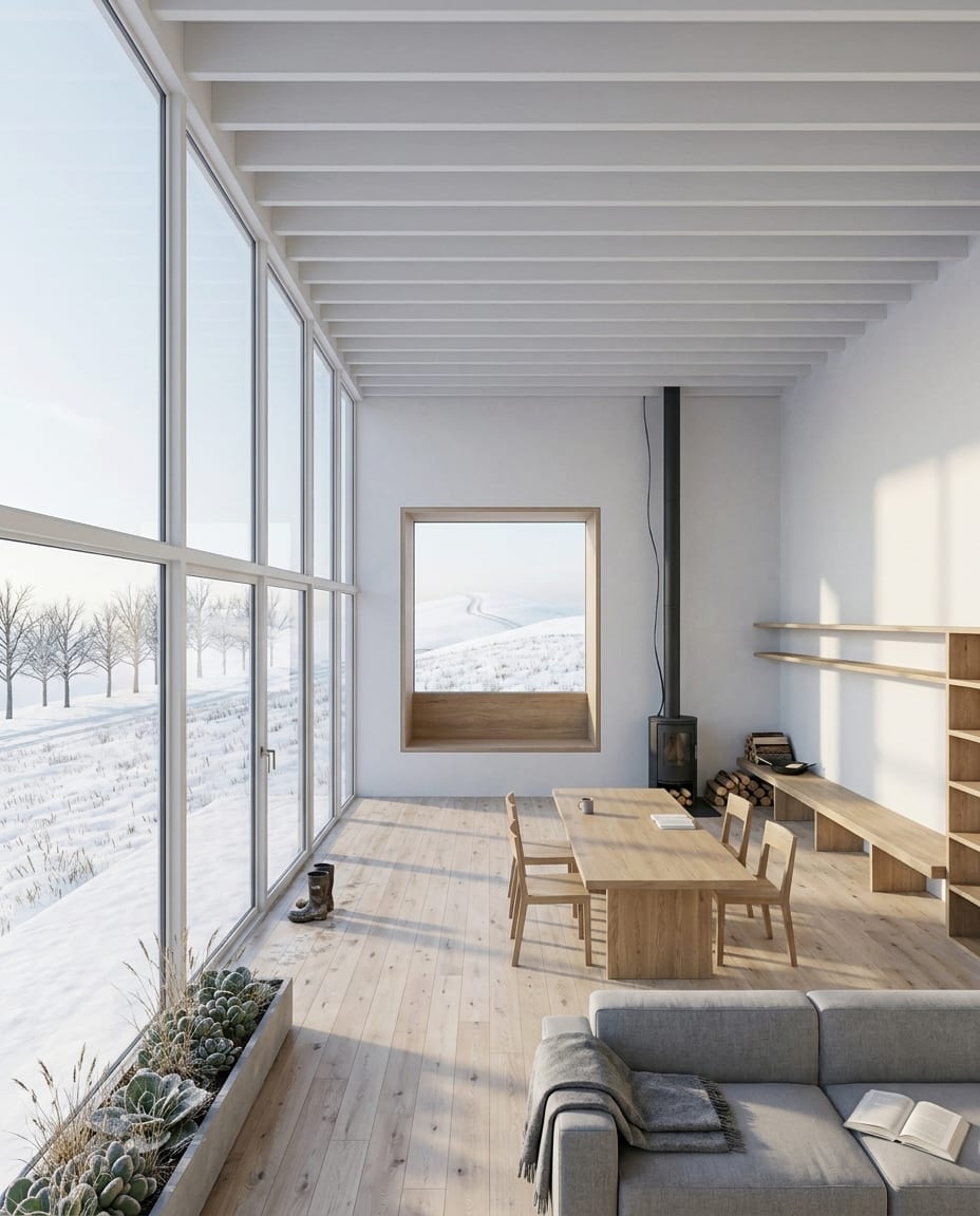 Sample 3D view of a living room interior (white model), and the same view rendered with arkia Photoreal — after