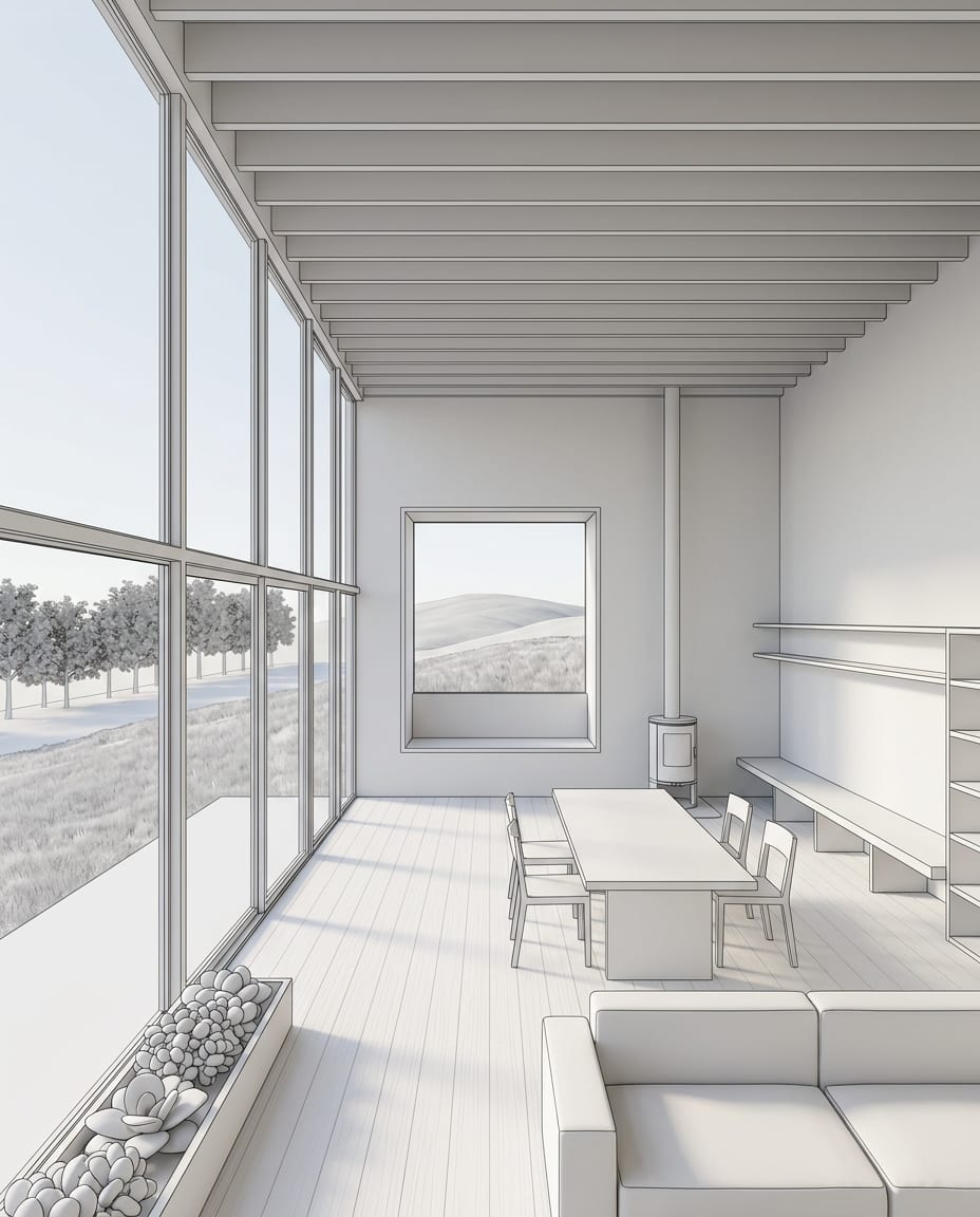 Sample 3D view of a living room interior (white model), and the same view rendered with arkia Photoreal — before