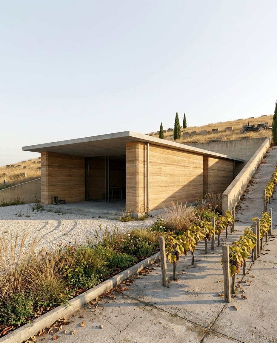 Sample 3D view of a rammed-earth house (white model) and the same view rendered with arkia Photoreal — after