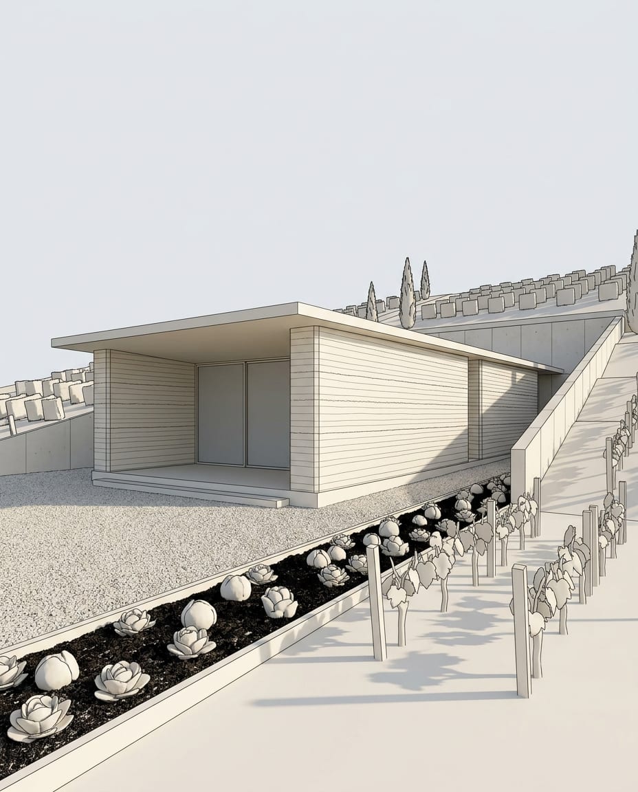 Sample 3D view of a rammed-earth house (white model) and the same view rendered with arkia Photoreal — before