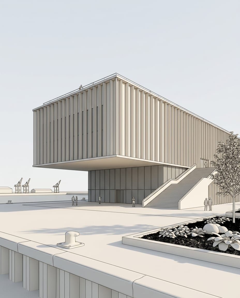 Sample 3D view of a museum (white model), and the same view rendered with arkia Photoreal — before