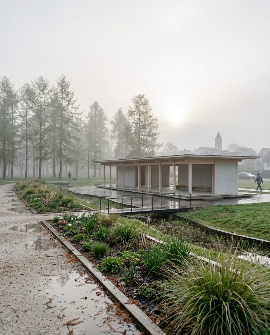 Sample 3D view of a park pavilion (white model), and the same view rendered with arkia Photoreal — after