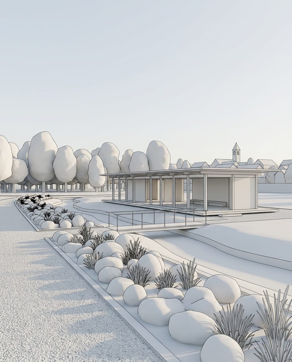 Sample 3D view of a park pavilion (white model), and the same view rendered with arkia Photoreal — before
