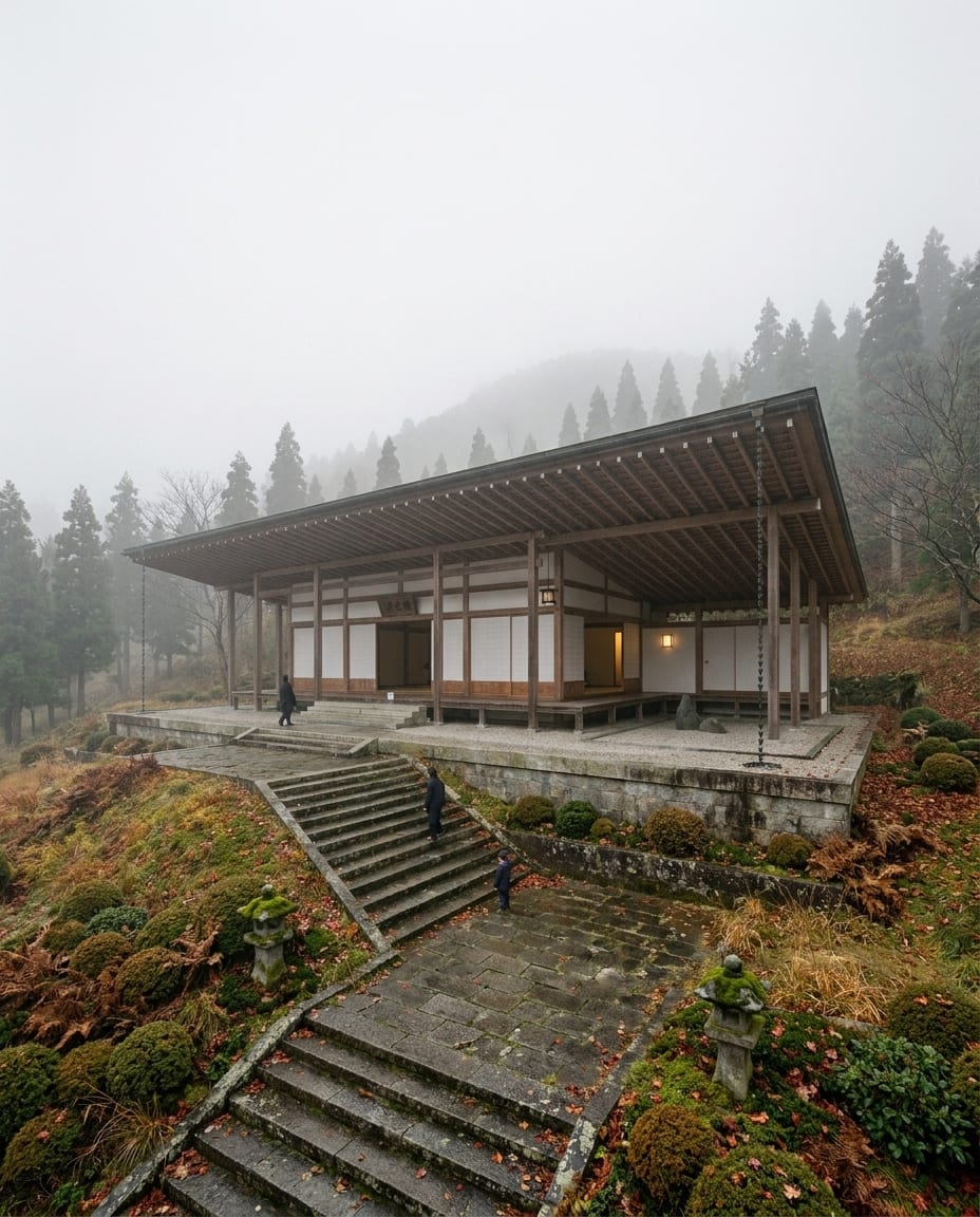 Sample 3D view of a temple (white model), and the same view rendered with arkia Photoreal — after
