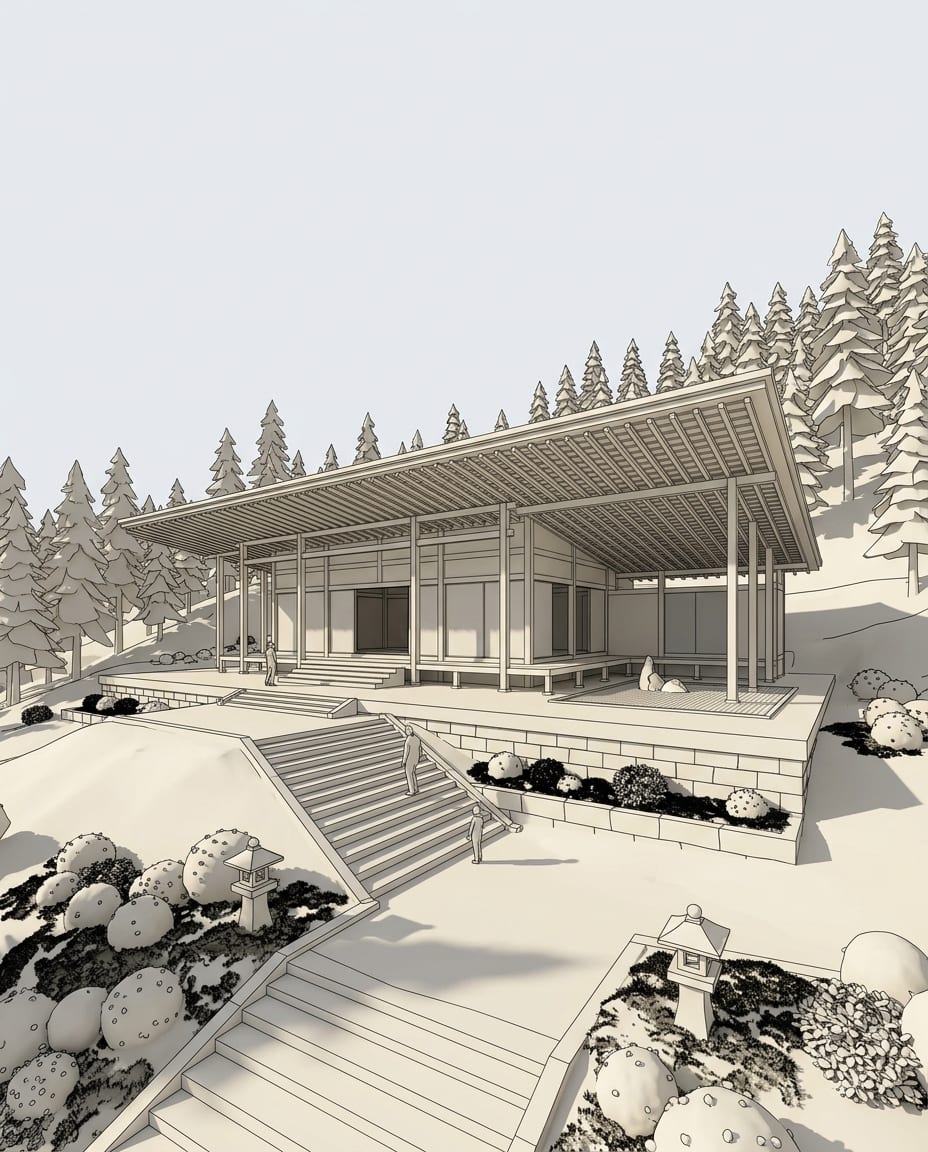 Sample 3D view of a temple (white model), and the same view rendered with arkia Photoreal — before