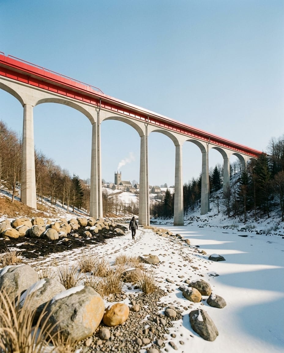 Sample 3D view of a viaduct (white model), and the same view rendered with arkia Photoreal — after
