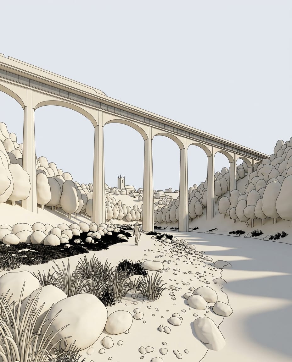 Sample 3D view of a viaduct (white model), and the same view rendered with arkia Photoreal — before